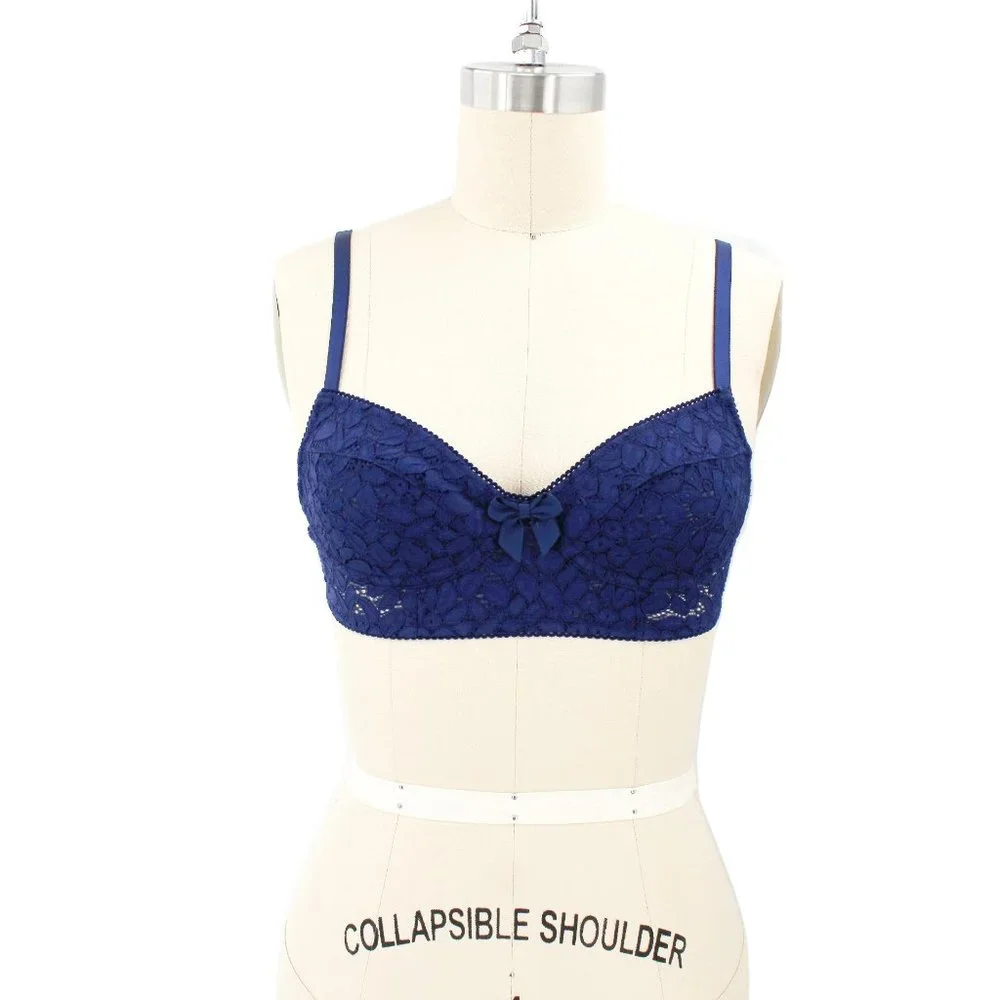VTG 1970s Blue Lace Bra Sheer Floral Lingerie Adj. Hook Eye 28AB XS/S Unlined - Picture 3 of 8